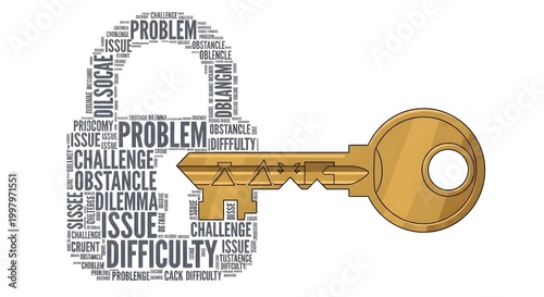 Word cloud in shape of padlock featuring terms like problem challenge difficulty and obstacle being opened by golden key representing solutions and unlocking potential through creative thinking art.