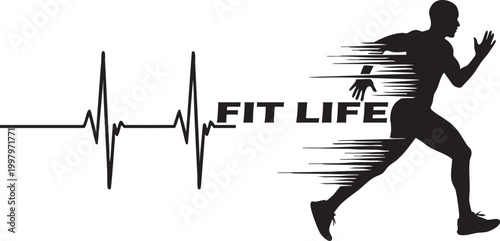 Fit life runner silhouette with heartbeat line