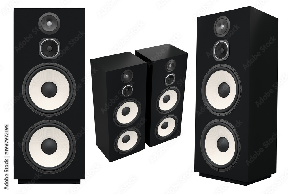 Fototapeta premium Set of stylish wooden speakers isolated on white background, concept of home audio and music equipment