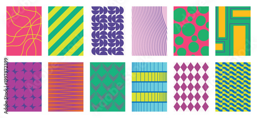 Fabric pattern collection vector set with bold stripes, polka dots, checks, plaids, vintage florals and geometric shapes. Colorful retro design for wall art, textiles, apparel and packaging.