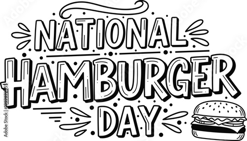 National hamburger day hand drawn lettering design with a tasty burger illustration for holiday promotional use