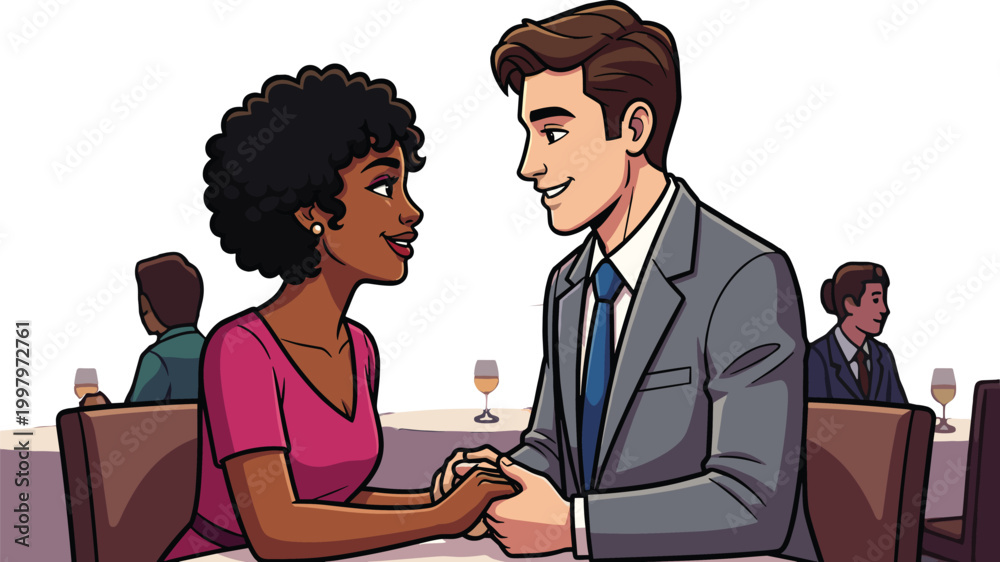 Fototapeta premium Flat vector illustration of a happy diverse couple holding hands during a romantic dinner date at a restaurant for love and relationship concepts.
