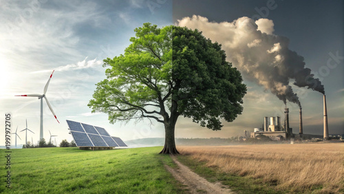Climate change concept tree split between green energy and pollution