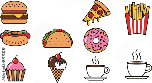 Set of colorful fast food icons including burger, pizza slice, fries, hot dog, taco, donut, cupcake, and coffee