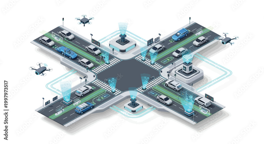 Obraz premium Isometric Smart City Intersection with Autonomous Vehicles and Drones