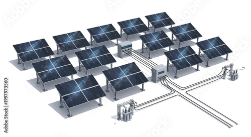 Isometric Solar Power Plant Array with Inverters and Grid Connection