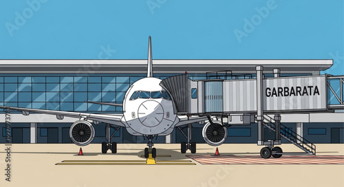 Airplane connected to jet bridge at airport terminal building.