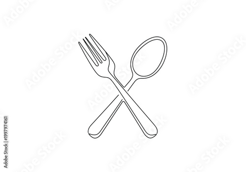 Cuadro en lienzo Black and white line art of crossed spoon and fork cutlery dining icons with the