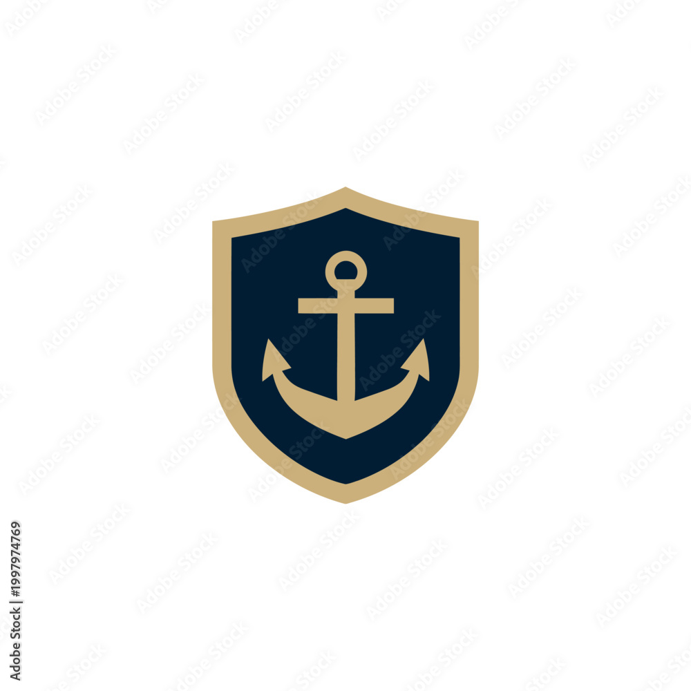 Obraz premium A naval themed crest in blue, gold and white; shield with an anchor symbol