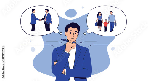 Thoughtful businessman balancing professional career success and family life while visualizing his options in speech bubbles.