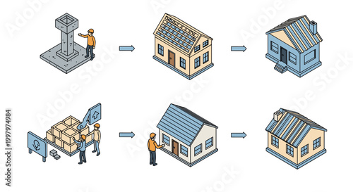 Sequential isometric illustrations depicting the stages of house construction from the initial foundation to the final roof.