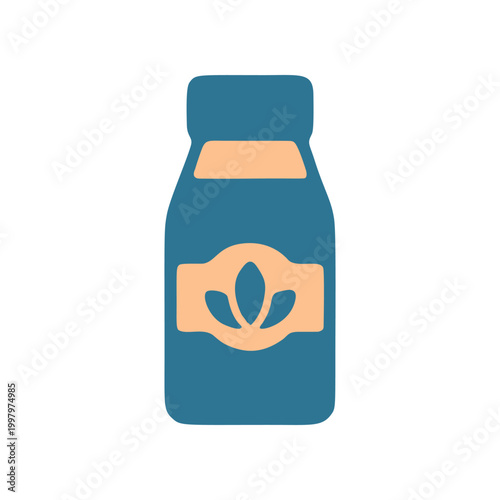 Stylized illustration of a blue bottle with a label on a white background