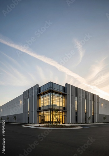 Modern Industrial Warehouse and Office Building Exterior at Sunset with Glass Facade