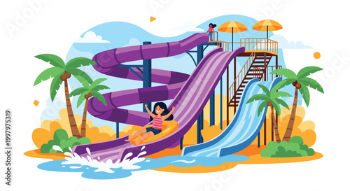 Colorful illustration of a water park featuring several winding purple and blue slides with people having fun in the sun.