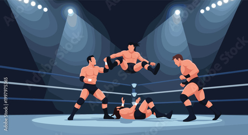 Dynamic scene of a professional wrestling match in a ring with athletes performing acrobatic moves under bright spotlights.