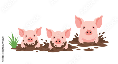 Three cute pink pigs happily playing and sitting in messy brown mud puddles on a clean white background with grass.