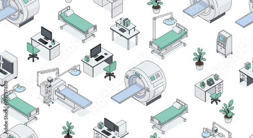 Isometric seamless pattern of hospital ward interior with medical equipment, mri scanners, beds, and office desks.