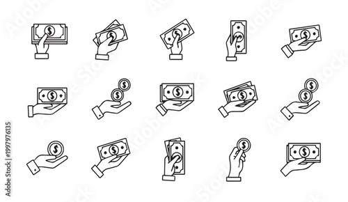 Hands holding currency banknotes and coins in various financial transactions and wealth concepts