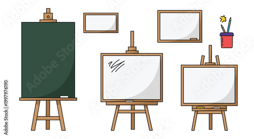 Various types of chalkboards and whiteboards on wooden easels along with art supplies like pencils and pens.