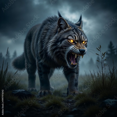 This image depicts a stylized mythological creature resembling a hybrid of a lynx and a wolf, set against a dark, atmospheric landscape