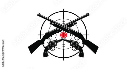 Target symbol with crossed rifles and revolvers in silhouette representing shooting sports and hunting activities.