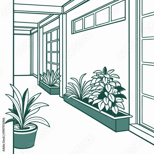 Schilderij op canvas a minimalist hallway interior with potted plants and architectural line drawing