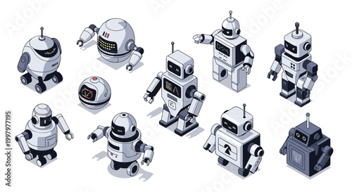 Collection of various isometric robot characters with different designs and functions for technology and automation concepts.