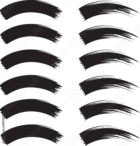 Series of broad black curved brush strokes with rough textured edges