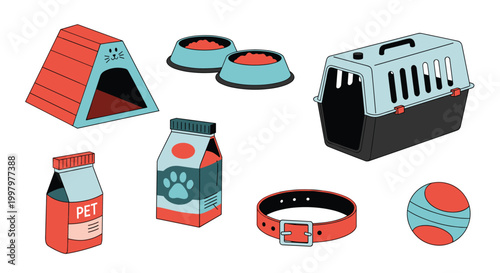 Collection of pet supplies and accessories including a pet house, carrier, food bowls, collar, and toys for animal care.