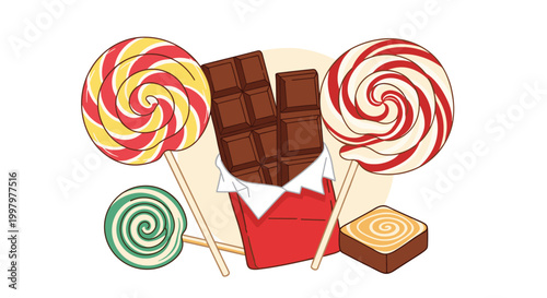 Assortment of sweet treats including colorful swirl lollipops, chocolate bars, and wrapped candies for candy shop themes.
