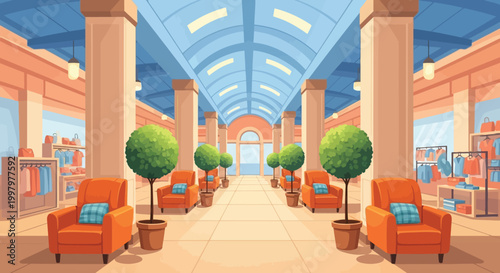 An illustrated interior view of a grand shopping mall hallway with ornate architecture and seating