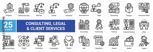 Financial consulting icon set with professional line icons covering advisor services, insurance,legal support,client management,and business strategy.Perfect for corporate and consulting visuals.