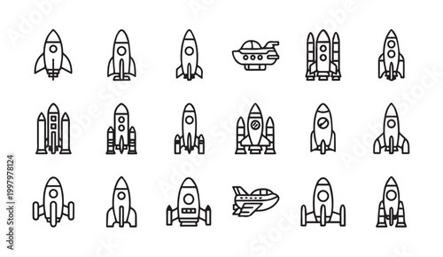 Modern Rocket Ship Icons in Simple Line Art Style for Space Exploration Concepts