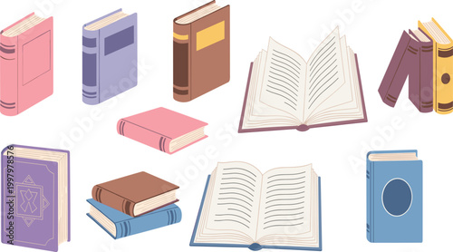 Collection of Colorful Books and Open Pages Vector Illustration Set Featuring Library Literature, Education Resources, Reading Materials, and Academic Study Elements
