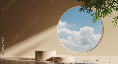 A minimalist beige platform display with a circular opening revealing a bright blue sky and fluffy clouds