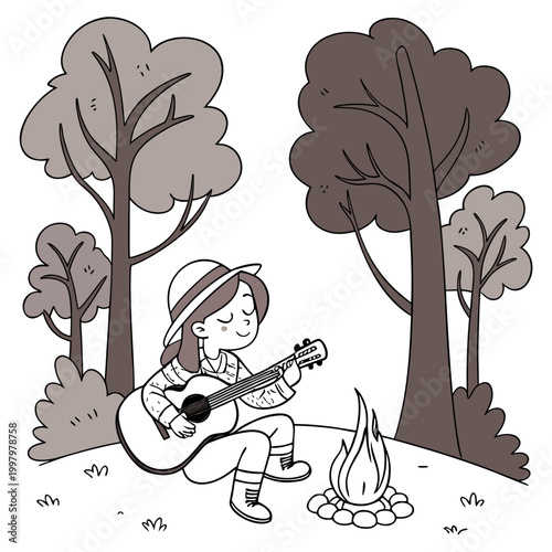 a girl playing guitar near a small fire with trees hand drawn line art illustration high quality professional detailed modern elegant stylish clean crisp vibrant colorful