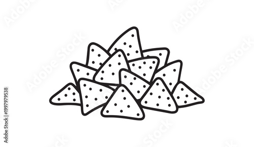 Pile of triangular tortilla chips with black dots on a white background line drawing