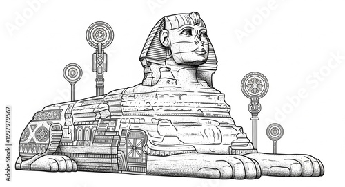 Ancient Egyptian Sphinx Monument Drawing.