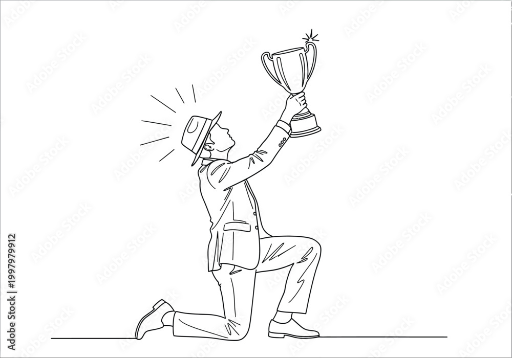 Fototapeta premium Businessman in a suit kneeling and holding a trophy celebrating a business win