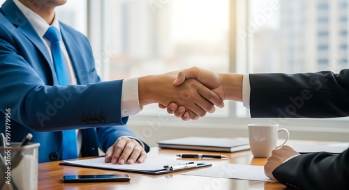 Two business partners shaking hands over a deal at an office desk