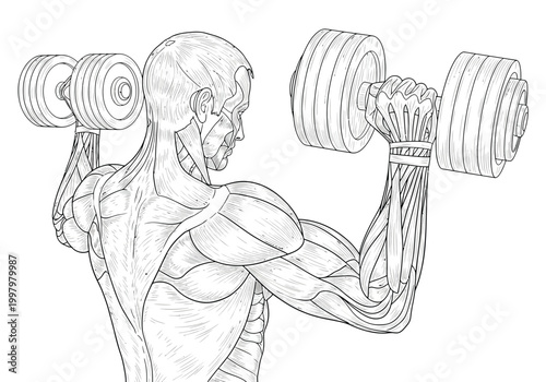 Konstfotografi Anatomy illustration of a man doing dumbbell overhead shoulder press exercise