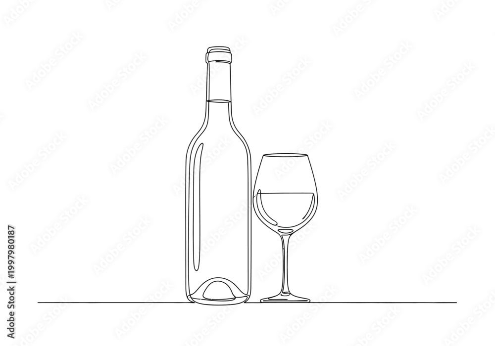 Fototapeta premium Continuous line drawing of a wine bottle and a glass