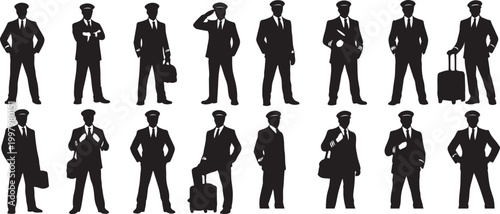 Pilot silhouettes with luggage various poses against a white background