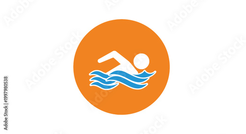 A vibrant orange circle features a stylized white swimmer depicted mid stroke in blue wavy water