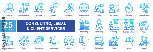 Financial consulting icon set with professional line icons covering advisor services, insurance,legal support,client management,and business strategy.Perfect for corporate and consulting visuals.