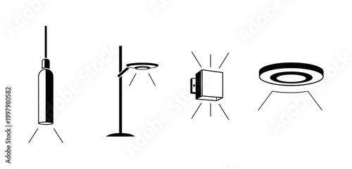 Collection of contemporary lighting fixtures including a pendant lamp, floor lamp, wall sconce, and ceiling light, presented in a minimalist line art style