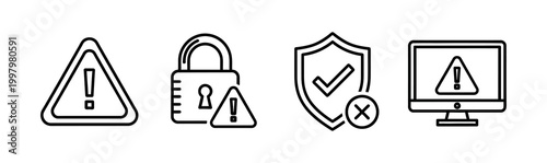 Essential line icons depicting digital security warnings, system alerts, data protection issues, and general caution symbols, perfect for modern web interfaces and software applications