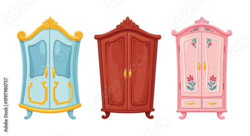 A colorful illustration depicts three ornate vintage wardrobes with distinct designs and pastel shades