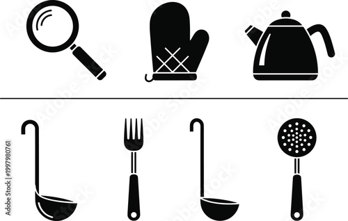 PrintPlaintext
Professional kitchen culinary tools flat vector icons set including ladle slotted sp