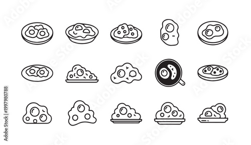 Scrambled and Fried Egg Icons in a Clean Line Art Style for Breakfast and Food Concepts